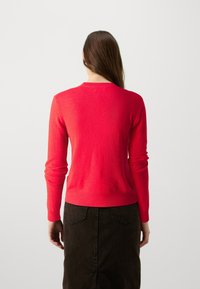 Red, long-sleeve sweater with a round neckline, ribbed hem, and cuffs; made from a soft texture, paired with a dark skirt.