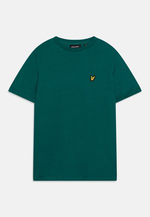 Zeleno-bakreni bombažni t-shirt s kratkimi rokavi. Ima majhen rumen vezen logo na levem prsnem delu. Enostavno, lahko oblikovanje.