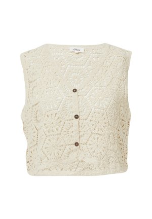 Gehaakte vest in off-white, met een textuur van een hexagonaal patroon en vijf bruine knopen aan de voorkant. Mouwloos ontwerp.