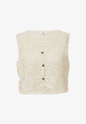 Häkelweste in Off-White mit strukturiertem, hexagonalem Muster und fünf braunen Knöpfen auf der Vorderseite. Ärmelloses Design.