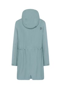 Světle modrý pláštěnka s kapucí, dlouhými rukávy, nastavitelným pasem, malým logem na horní části zad a rozparkem na zadním lemu.