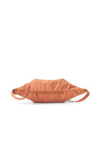 Orange weiche Stofftasche mit stromlinienförmigem Design, ausgestattet mit einer Reißverschlusstasche und zwei runden Tragen.