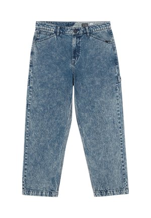 Losse blauwe denim jeans met een vervaagdewas, vijf zakken en zichtbare stiksels. De stof heeft een gestructureerde uitstraling en een ontspannen pasvorm.