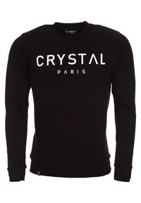 Sweatshirt noir en coton avec des manches longues, un col rond, et "CRYSTAL PARIS" imprimé en lettres blanches sur la poitrine.