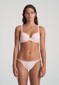 Light pink striped bikini set with floral accents on straps and sides. The bra features a rounded shape, while the bottom has a classic cut.