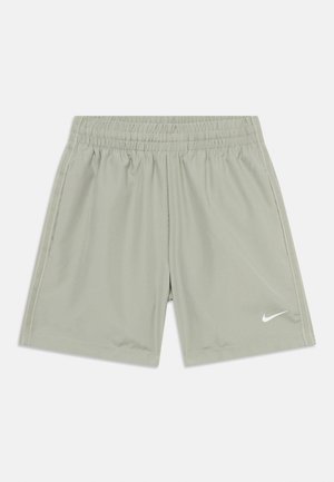 Svetlosivé športové šortky s elastickým pásom a bočnými sieťovinovými panelmi, s malým bielym logom Nike Swoosh na ľavej nohe.