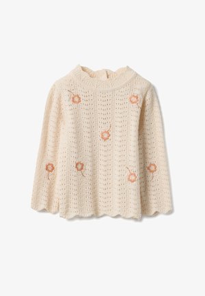 Suéter de punto color crema con cuello alto y volante. Presenta bordado floral en tonos durazno y un dobladillo festoneado. Patrón de punto abierto.