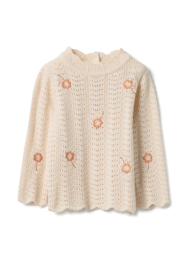 Pull en tricot crème avec un col montant volanté. Orné de broderies florales dans des tons pêche et d'un ourlet festonné. Motif à points ouverts.