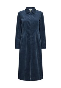 Marineblaue Corduroykleid mit langen Ärmeln, einem Kragen und einem Frontreißverschluss. Mit vertikaler Rippstruktur und mittellanger Schnittführung.