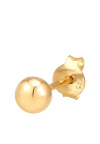 Guld studørering med et rundt bolddesign, poleret overflade og en sikker bagud, der bærer en markering af "375" for at indikere guldets renhed.
