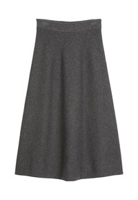 Fustă A-line din lână gri, cu un talie ajustată și un finisaj neted, texturat, având o croială până la genunchi și fără modele sau accente vizibile.