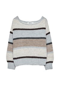 Pleteni pulover s horizontalnim prugama u sivoj, bež i smeđoj boji. Široki izrez, opušteni kroj i teksturirani materijal.