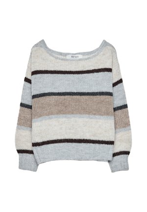 Maglione lavorato a maglia con strisce orizzontali in grigio, beige e marrone. Collo ampio, vestibilità rilassata e tessuto testurizzato.