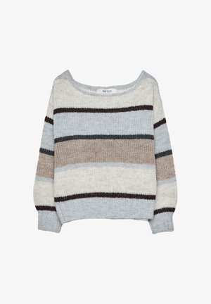 Maglione lavorato a maglia con strisce orizzontali in grigio, beige e marrone. Collo ampio, vestibilità rilassata e tessuto testurizzato.