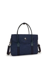 Navy textured fabric bag with two top handles, a detachable shoulder strap, and dark green accents. Features a flap closure and decorative hardware.