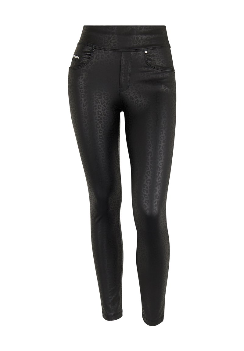 Leggings negras con un sutil estampado de leopardo, diseño de cintura alta y bolsillos laterales. Fabricadas con un material suave y elástico.