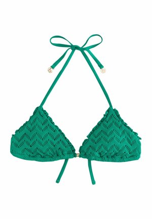 Green textured triangle bikini top with halter neck tie and adjustable back straps, featuring small decorative metallic beads on neck ties.