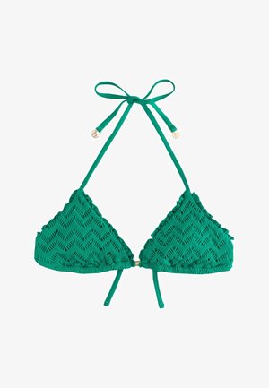 Groen getextureerde driehoekige bikini-top met halterneck en verstelbare bandjes aan de achterkant, met kleine decoratieve metalen kralen op de neklintjes.