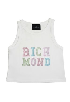 Top corto senza maniche bianco con lettere borchiate multicolore che formano la parola "RICHMOND" sulla parte anteriore e un'etichetta nera all'interno della scollatura.