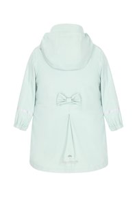 Ljusgrön regnjacka med huva, med en rosettdetalj i midjan, elastiska ärmslut och reflexstrimmor på ärmarna. Slät textur.
