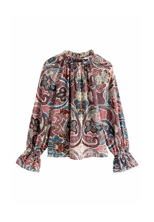 Blouse à manches longues avec un col et des poignets à volants, présentant un motif cachemire et floral multicolore dans des tons rouges, bleus et crème.