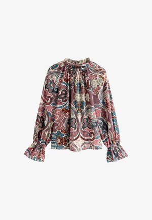 Blusa de manga larga con cuello y puños con volantes, presenta un estampado paisley y floral multicolor en tonos rojos, azules y crema.