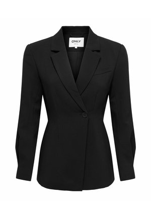 Blazer noir sur mesure avec une fermeture à un bouton, des revers crantés, des manches longues et une poche poitrine passepoilée.
