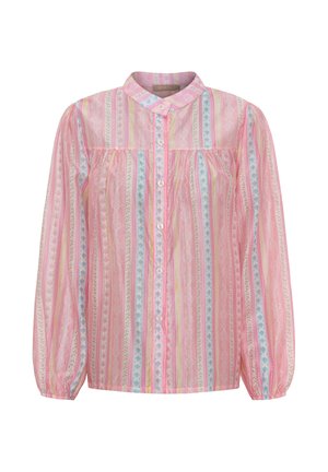 Langærmet, knappet bluse med pinke, blå og hvide lodrette striber og blomsterprint, med rund krave og rynket bærestykke.