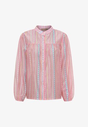 Langærmet, knappet bluse med pinke, blå og hvide lodrette striber og blomsterprint, med rund krave og rynket bærestykke.