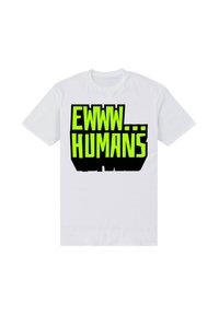 Hvid bomulds T-shirt med stort sort og neongrønt tekst, der står "EWW... MENNESKER." Korte ærmer, rund halsudskæring.