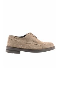 Scarpe brogue in suede marrone chiaro con perforazioni decorative, punta tonda, design con lacci e suola in gomma nera.