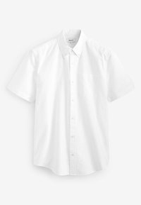 Camicia bianca a maniche corte con bottoni realizzata in cotone. Presenta un colletto classico, una tasca sul petto e una texture liscia.