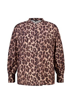 Blouse à manches longues à boutons avec imprimé léopard brun et beige, épaules froncées et larges poignets.