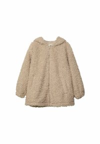 Furry beige jacket with a hood and front zipper. Features long sleeves and a textured fabric for warmth. No visible hardware details.