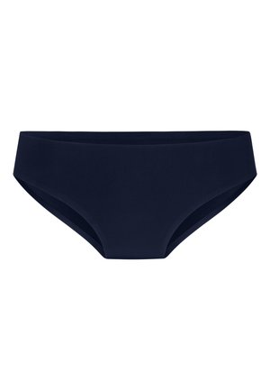Bas de bikini bleu marine sans coutures avec taille mi-haute et coupe couvrante.