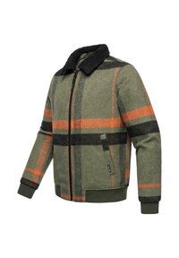 Fleece jacket in green with orange and black plaid pattern. Features a black shearling collar, front zipper, and side pockets.