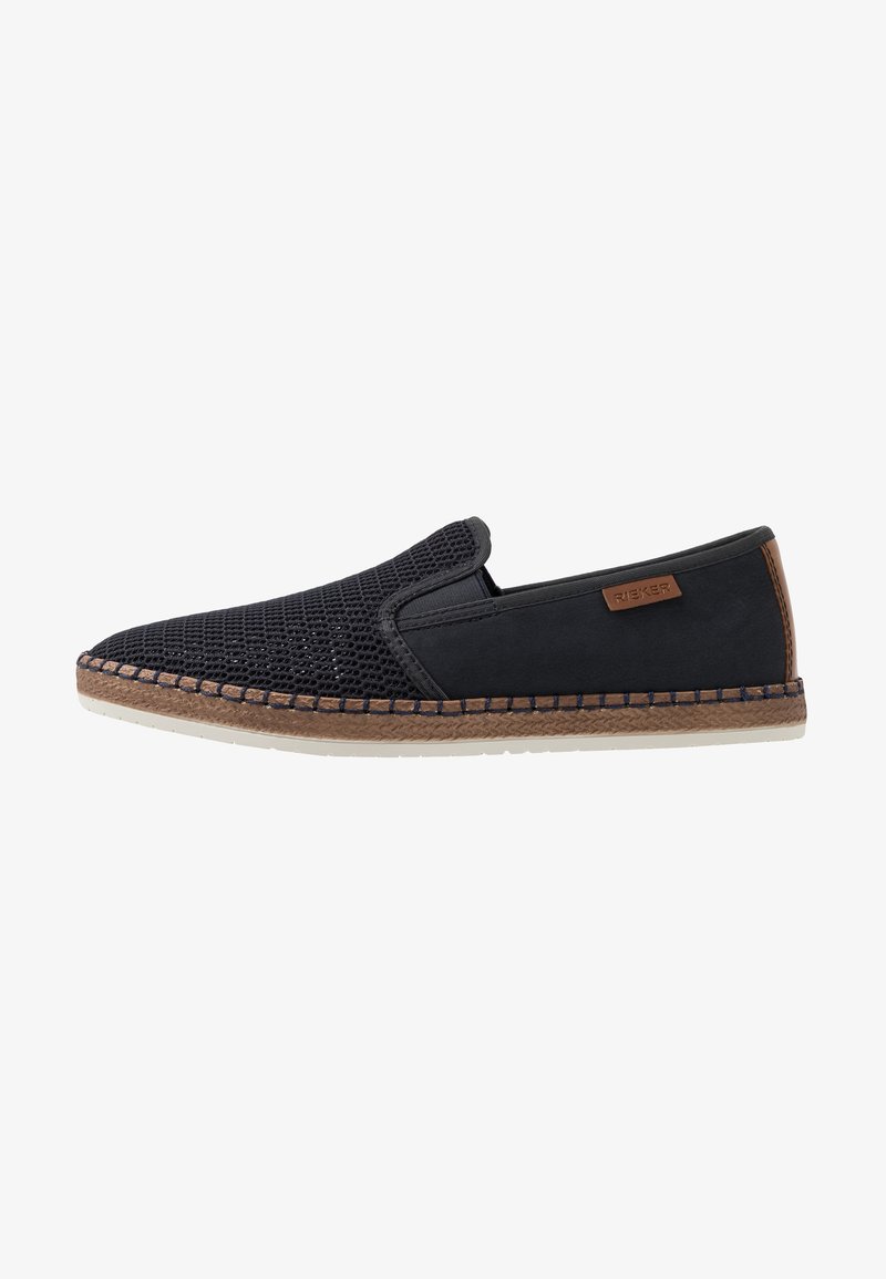 Navy Slip-On-Schuhe mit einem atmungsaktiven Mesh-Obermaterial, Lederakzenten, Gummisohle und gewebtem Jutebesatz. Mit einem Logodetail an der Seite.