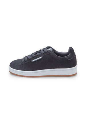 Navy suede sneaker with a white midsole and gum outsole. Features flat laces, a stitched toe cap, and a logo tag on the side.