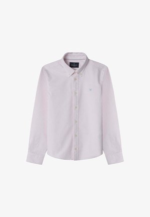 Gestreifte Hemdbluse in Hellpink und Weiß, mit klassischem Kragen, langen Ärmeln und einem kleinen blauen Logo auf der Brust.