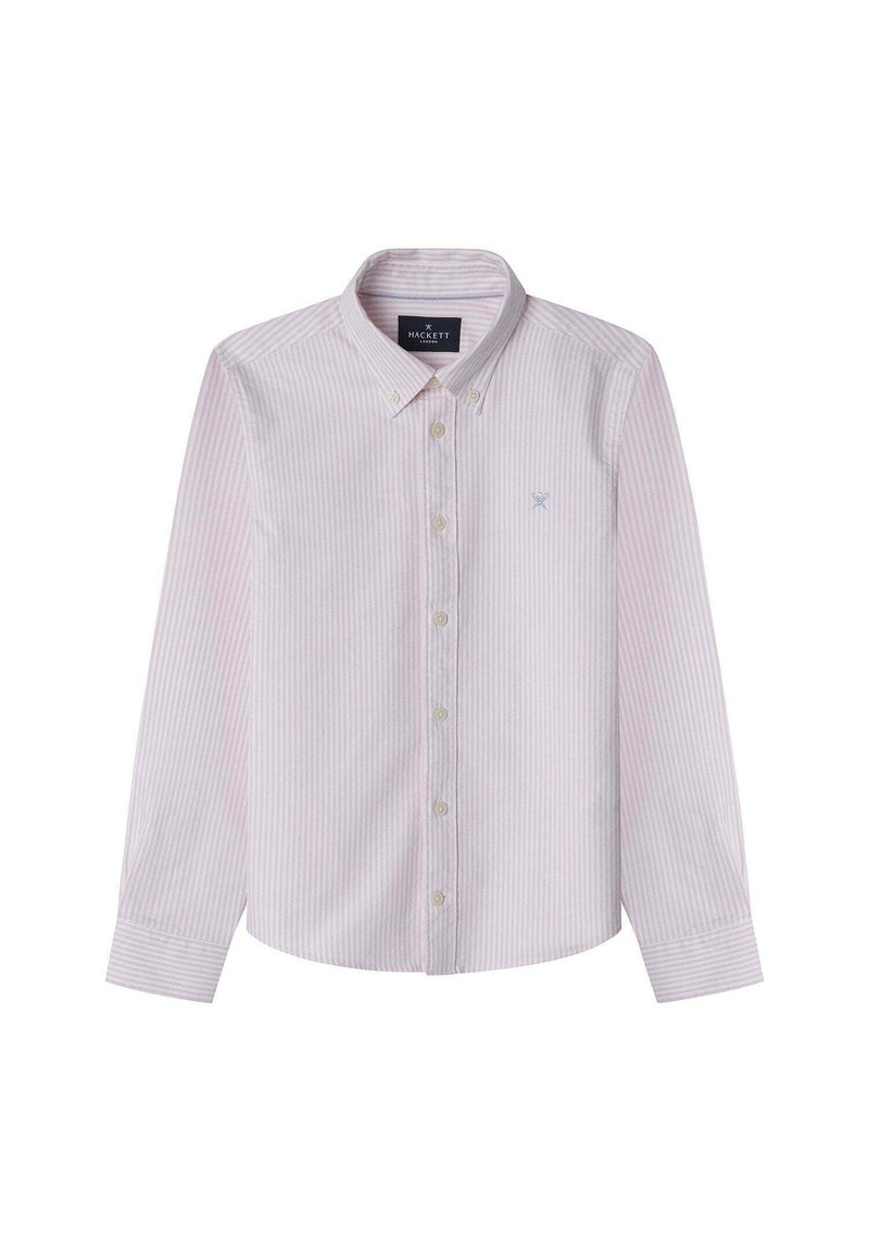 Pruhovaná košile s button-up v světle růžové a bílé barvě, s klasickým límcem, dlouhými rukávy a malým modrým logem na prsou.