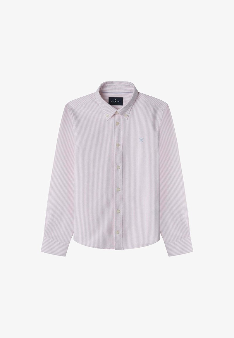 Koszula w paski z długim rękawem w jasnoróżowym i białym kolorze, z klasycznym kołnierzykiem oraz małym niebieskim logo na piersi.
