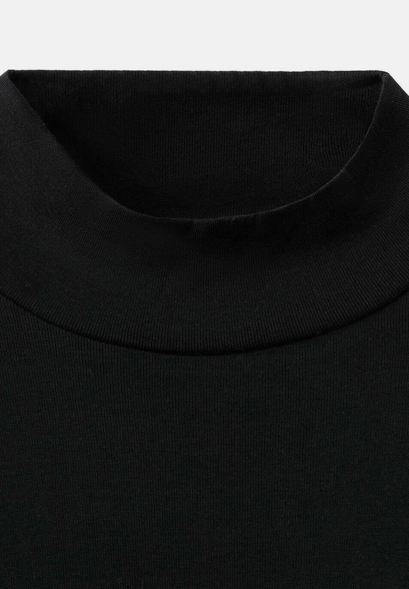 Black turtleneck sweater featuring a close-fitting ribbed neck, smooth texture, and seamless construction at the neckline.