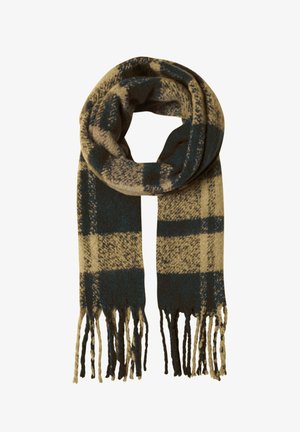 Vuna šal s kariranim uzorkom u tamnoplavoj i bež boji, s resicama na krajevima i mekanom teksturom, prikladan za toplinu i stil.