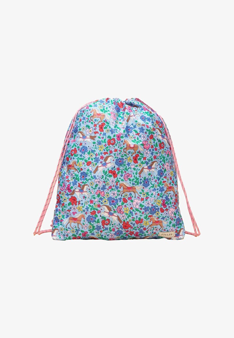 Bolsa con cordón y correas rosas con un fondo azul decorado con flores de colores y caballos marrones y blancos.