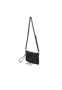 Svart läder crossbody-väska med silverdetaljer, med snörningsdetaljer och tofsaccenter. Justerbar rem ingår.