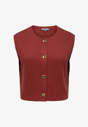 Bezrękawnik z dzianiny w kolorze rdzawej czerwieni, z okrągłym dekoltem i czterema dekoracyjnymi, błyszczącymi złotymi guzikami z przodu.
