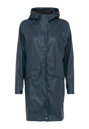 Waterproof dark teal raincoat with hood, snap buttons, two front pockets, and a smooth, glossy texture. Mid-length design with long sleeves.