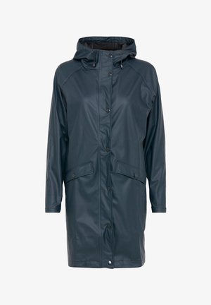 Veekindel tume teali vihmamantli kapuutsiga, näppiknuppudega, kahe esipocketiga ning siledast, läikivast tekstuurist. Keskmise pikkusega disain ja pikad varrukad.