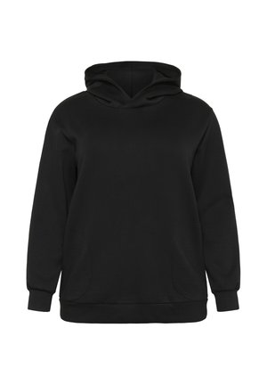 Zwarte hoodie met lange mouwen en steekzakken aan de voorkant, weergegeven op een witte achtergrond.