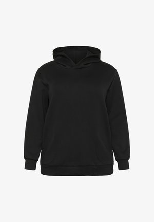 Zwarte hoodie met lange mouwen en steekzakken aan de voorkant, weergegeven op een witte achtergrond.